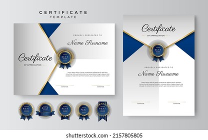 Modern certificate of achievement template with elegant shiny gold badges decoration on white background