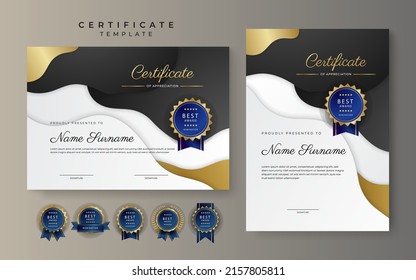 Modern certificate of achievement template with elegant shiny gold badges decoration on white background