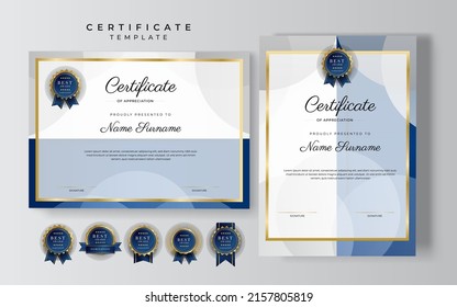 Modern certificate of achievement template with elegant shiny gold badges decoration on white background