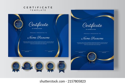 Modern certificate of achievement template with elegant shiny gold badges decoration on white background