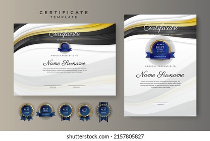 Modern certificate of achievement template with elegant shiny gold badges decoration on white background