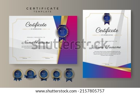 Modern certificate of achievement template with elegant shiny gold badges decoration on white background
