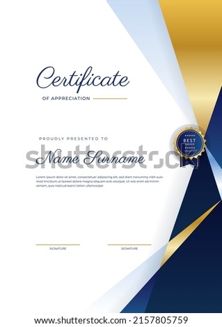 Modern certificate of achievement template with elegant shiny gold badges decoration on white background