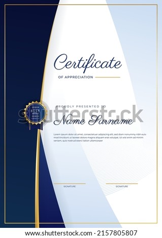Modern certificate of achievement template with elegant shiny gold badges decoration on white background