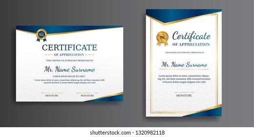 Modern certificate of achievement template, gold and blue color. Clean certificate with gold badge. Certificate template with luxury and modern line pattern. Diploma vector template