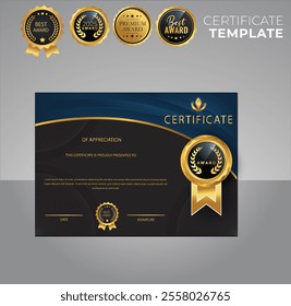 Modern certificate of achievement template, gold and blue color.