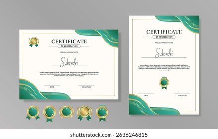 Modelo moderno de certificado de realização com canto abstrato verde e dourado