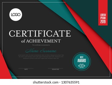 Modern certificate of achievement template with place for your content - material dark red and teal design version