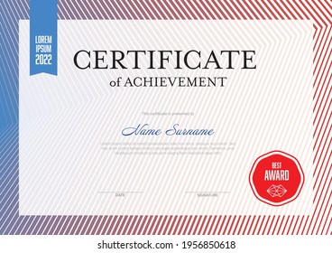 Modern certificate of achievement template with place for your content - blue red design. Light layout template for any premium certificate, diploma, graduation or achievement document for print