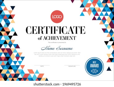 Modern certificate of achievement template with place for your content - red and blue triangles pattern texture design. Fresh creative diploma certificate with solid colors.