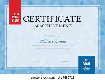 Modern certificate of achievement template with place for your content - blue triangles pattern texture background design. Fresh creative diploma certificate with solid colors.