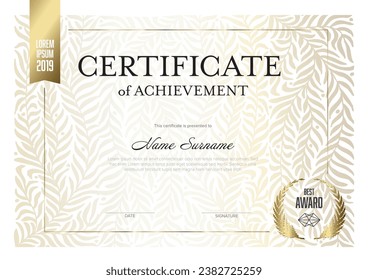 Modern certificate of achievement template with place for your content - golden design. Light white golden layout template for premium certificate, diploma, graduation achievement document for print
