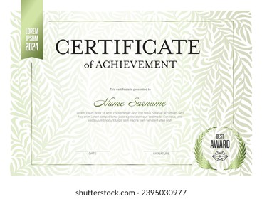 Modèle moderne de certificat de réussite avec place pour votre contenu - design métallique argenté vert. Modèle de mise en page légère pour tout certificat, diplôme, diplôme ou document de réussite