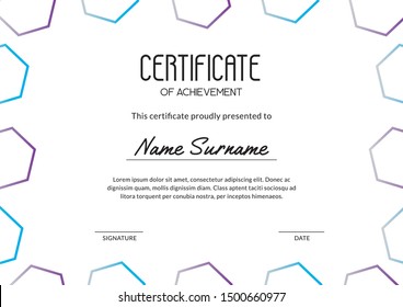 Modern certificate of achievements with gradient hexagons. Usable for educational courses and gift cards. A4 standard scaled size. Vector illustration
