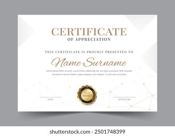 Modern certificate of achivement technology background template design with golden badge