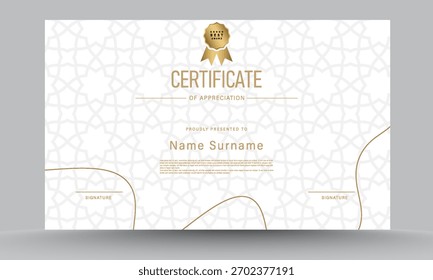 Certificado moderno de tecnologia de conquista modelo de fundo design com distintivo dourado. eps 10