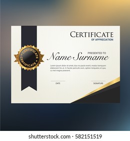 Modern certificate of appreciation award template with black and golden shapes and badge