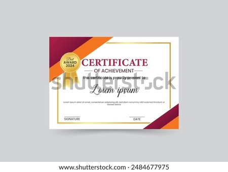 Modern Certificate of Appreciation Border Diploma Certificate Design with Gold Badge.Certificate Template with Red and Orange Color Variation for multipurpose use like- Achievement, Diploma etc.