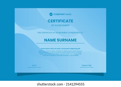 Modern certificate of appreciation template, achievement, graduation, diploma, award, business, medical, education with abstract gradient blue color curve wave design background template.