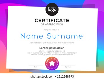 Modern certificate of appreciation template. blank award diploma with colorful vibrant gradient background