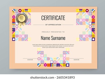 Modern Certificate of Appreciation Template with Colorful Geometric Design. Simple certificate template featuring vibrant geometric patterns. Ideal for awards, achievements, and recognition events