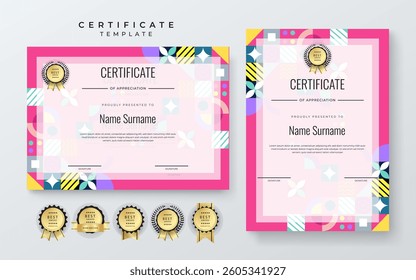 Modern Certificate of Appreciation Template with Colorful Geometric Design. Simple certificate template featuring vibrant geometric patterns. Ideal for awards, achievements, and recognition events