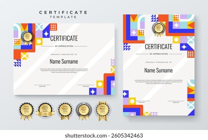 Modern Certificate of Appreciation Template with Colorful Geometric Design. Simple certificate template featuring vibrant geometric patterns. Ideal for awards, achievements, and recognition events