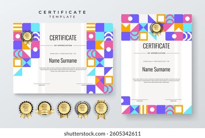Modern Certificate of Appreciation Template with Colorful Geometric Design. Simple certificate template featuring vibrant geometric patterns. Ideal for awards, achievements, and recognition events
