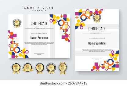 Modern Certificate of Appreciation Template with Colorful Geometric Shape Design. Simple certificate template featuring vibrant geometric patterns. Ideal for awards, achievements, and recognition