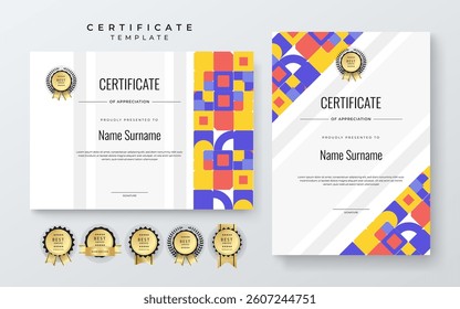 Modern Certificate of Appreciation Template with Colorful Geometric Shape Design. Simple certificate template featuring vibrant geometric patterns. Ideal for awards, achievements, and recognition