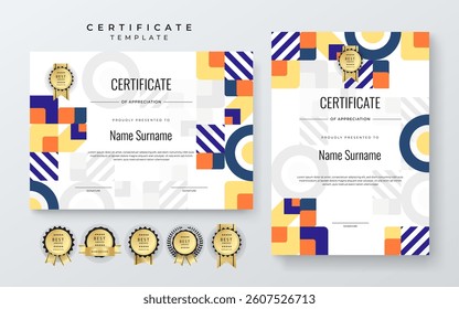Modern Certificate of Appreciation Template with Colorful Geometric Design. Simple certificate template featuring vibrant geometric patterns. Ideal for awards, achievements, and recognition events