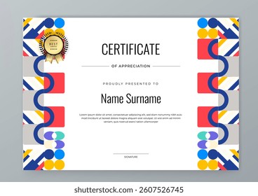 Modern Certificate of Appreciation Template with Colorful Geometric Design. Simple certificate template featuring vibrant geometric patterns. Ideal for awards, achievements, and recognition events