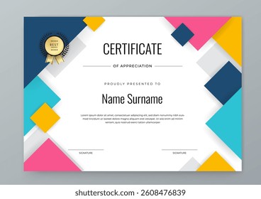 Modern Certificate of Appreciation Template with Colorful Design. Elegant certificate template featuring vibrant geometric patterns. Ideal for awards, achievements, and recognition events