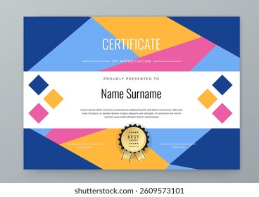 Modern Certificate of Appreciation Template with Colorful Design. Elegant certificate template featuring vibrant geometric patterns. Ideal for awards, achievements, and recognition events - Powered by Shutterstock - Get 15% off with code: PIKWIZARD15