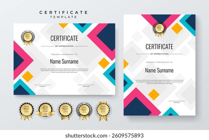 Modern Certificate of Appreciation Template with Colorful Design. Elegant certificate template featuring vibrant geometric patterns. Ideal for awards, achievements, and recognition events