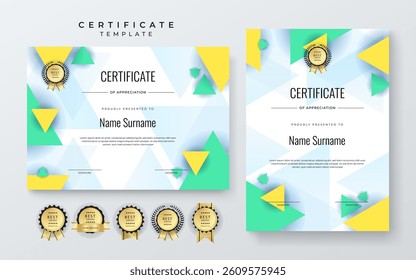 Modern Certificate of Appreciation Template with Colorful Design. Elegant certificate template featuring vibrant geometric patterns. Ideal for awards, achievements, and recognition events