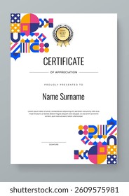 Modern Certificate of Appreciation Template with Colorful Design. Elegant certificate template featuring vibrant geometric patterns. Ideal for awards, achievements, and recognition events