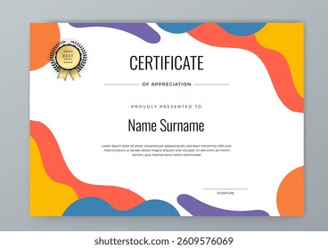 Modern Certificate of Appreciation Template with Colorful Design. Elegant certificate template featuring vibrant geometric patterns. Ideal for awards, achievements, and recognition events