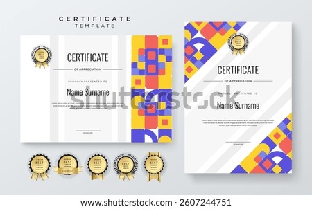 Modern Certificate of Appreciation Template with Colorful Geometric Shape Design. Simple certificate template featuring vibrant geometric patterns. Ideal for awards, achievements, and recognition
