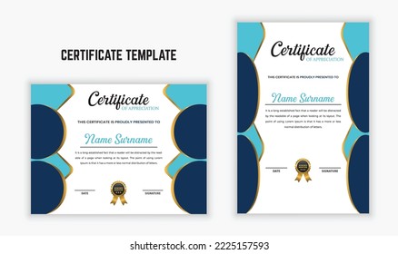 Modern certificate of appreciation template with creative shapes layout. Certificate of award, diploma, achievement, excellence, education document set. Use for print.
