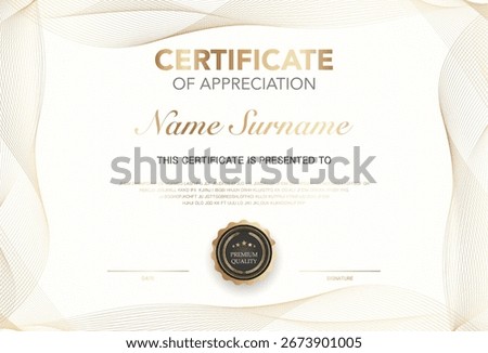 Modern certificate of appreciation template with elegant gold and black design, premium quality badge, customizable name and signature area, perfect for awards, achievement or recognition.