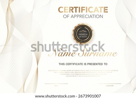 Modern certificate of appreciation template with elegant gold and black design, premium quality badge, customizable name and signature area, perfect for awards, achievement or recognition.
