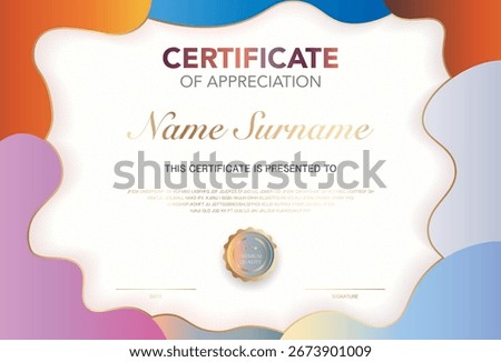 Modern certificate of appreciation template with elegant gold and black design, premium quality badge, customizable name and signature area, perfect for awards, achievement or recognition.