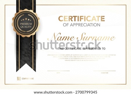 Modern certificate of appreciation template with elegant gold and black design, premium quality badge, customizable name and signature area, perfect for awards, achievement or recognition.