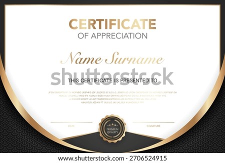 Modern certificate of appreciation template with elegant gold and black design, premium quality badge, customizable name and signature area, perfect for awards, achievement or recognition.