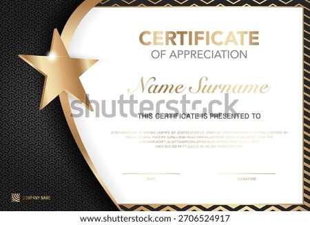 Modern certificate of appreciation template with elegant gold and black design, premium quality badge, customizable name and signature area, perfect for awards, achievement or recognition.