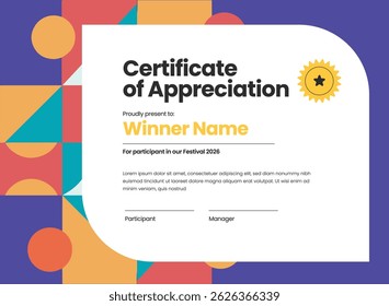 Modelo moderno de certificado de apreciação com design abstrato geométrico, layout limpo e texto editável. Perfeito para prêmios, conquistas e reconhecimento.