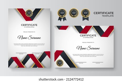 Modern Certificate of appreciation template, red color. Clean elegant corporate certificate with gold badge. Certificate border template with luxury and modern line pattern. Business vector template