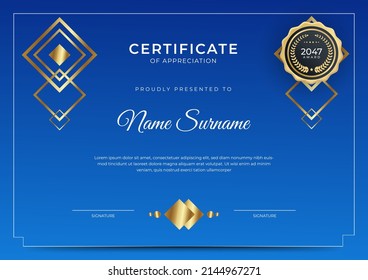 Moderno vector de plantilla de certificado de apreciación con diseño limpio y elegante. Se puede utilizar para la presentación de premios, el certificado de diploma, el empleado del mes, el trato comercial, el reconocimiento corporativo
