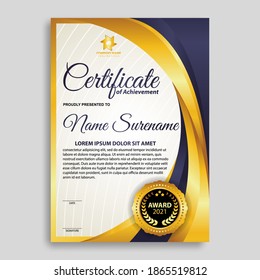 Modern certificate award template in gradation and gold colors, luxury and modern style and award style vector image. Suitable for appreciation. Premium vector.